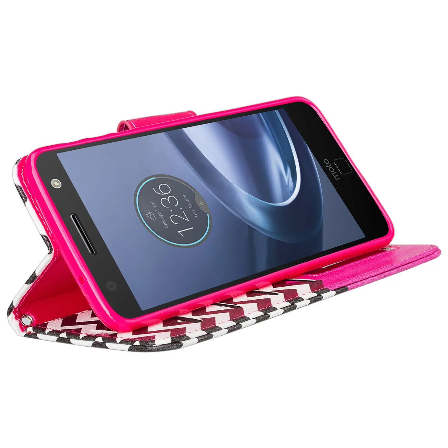 Moto Z Droid Case, Motorola Z Droid Wallet Case, Wrist Strap Pu Leather Wallet Case [Kickstand] with ID & Credit Card Slots - Hot Pink Anchor