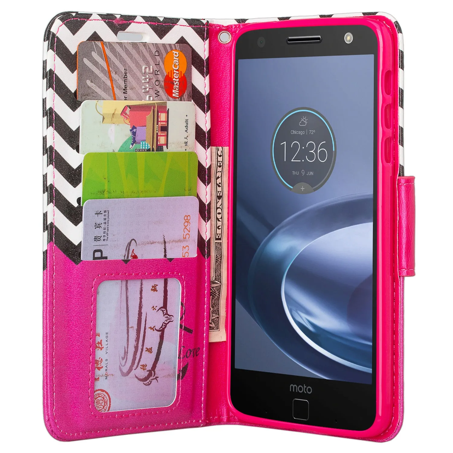 Moto Z Droid Case, Motorola Z Droid Wallet Case, Wrist Strap Pu Leather Wallet Case [Kickstand] with ID & Credit Card Slots - Hot Pink Anchor