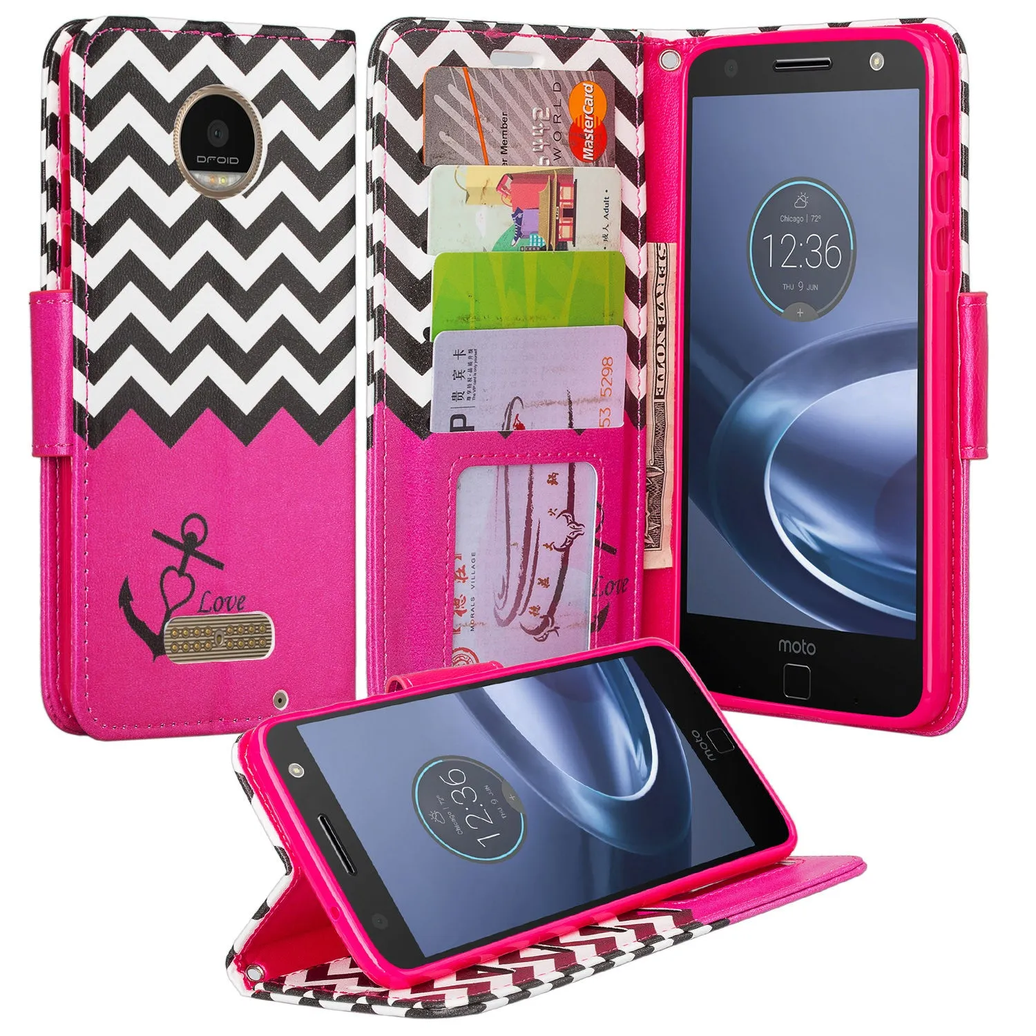 Moto Z Droid Case, Motorola Z Droid Wallet Case, Wrist Strap Pu Leather Wallet Case [Kickstand] with ID & Credit Card Slots - Hot Pink Anchor