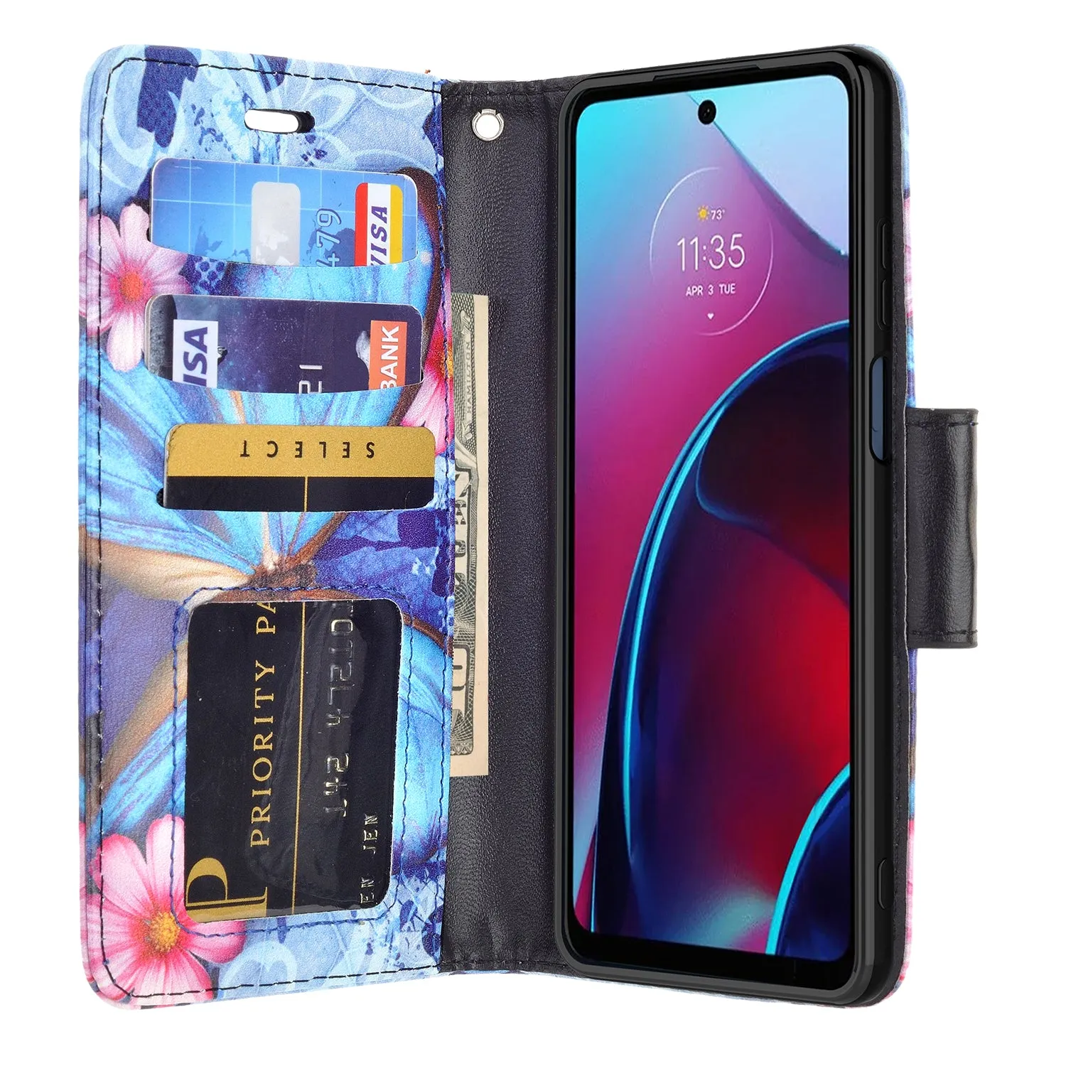 Motorola moto g stylus 5G (2022) Case, moto g stylus 5G (2022) Wallet Case, Wrist Strap Pu Leather Wallet Case [Kickstand] with ID & Credit Card Slots - Blue Butterfly