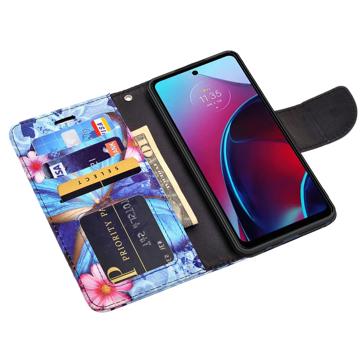 Motorola moto g stylus 5G (2022) Case, moto g stylus 5G (2022) Wallet Case, Wrist Strap Pu Leather Wallet Case [Kickstand] with ID & Credit Card Slots - Blue Butterfly