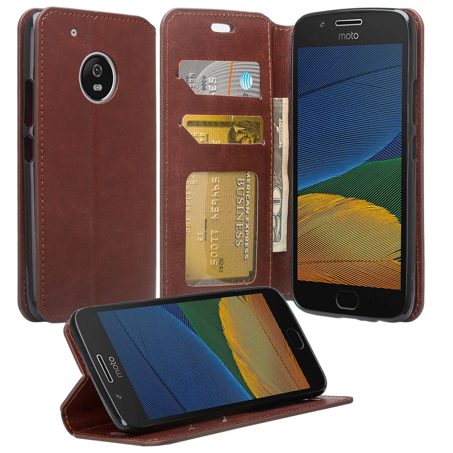 Motorola Moto G5 Plus Case, Moto G5 Plus Wallet Case, Slim Flip Folio [Kickstand] Pu Leather Wallet Case with ID & Card Slots & Pocket - Brown