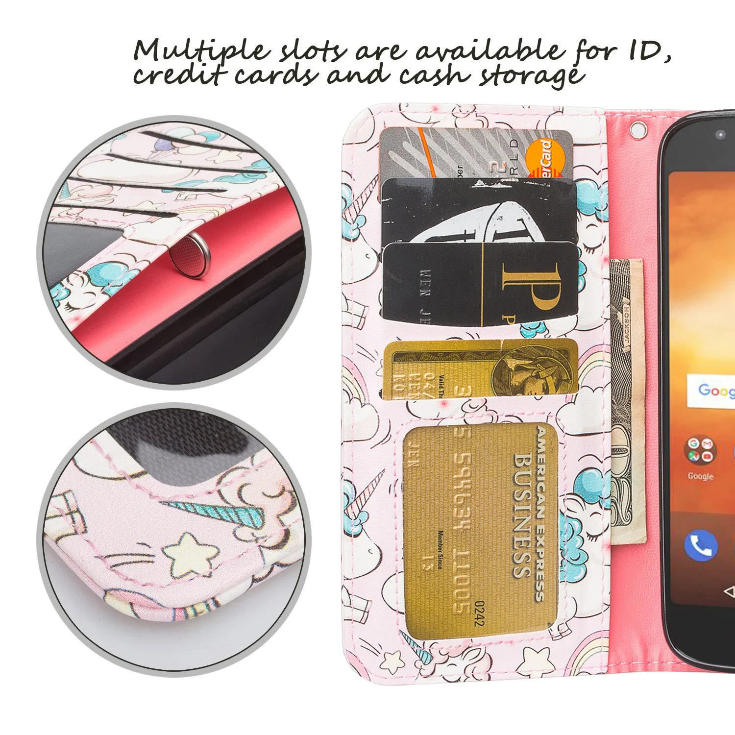 Motorola Moto G6 Play Case, G6 Forge, Wrist Strap Pu Leather Wallet Case [Kickstand] with ID & Credit Card Slots - Pink Unicorn