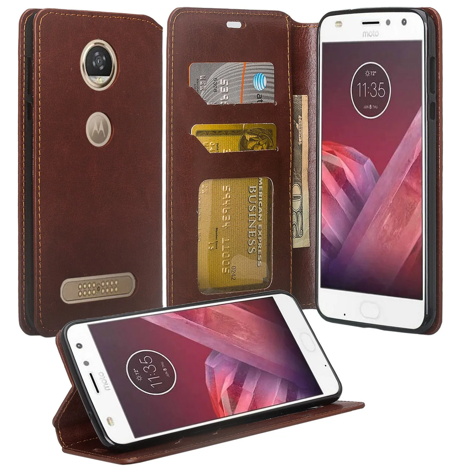 Motorola Moto Z2 Force Case, Moto Z2 Force Wallet Case, Slim Flip Folio [Kickstand] Pu Leather Wallet Case with ID & Card Slots & Pocket - Brown