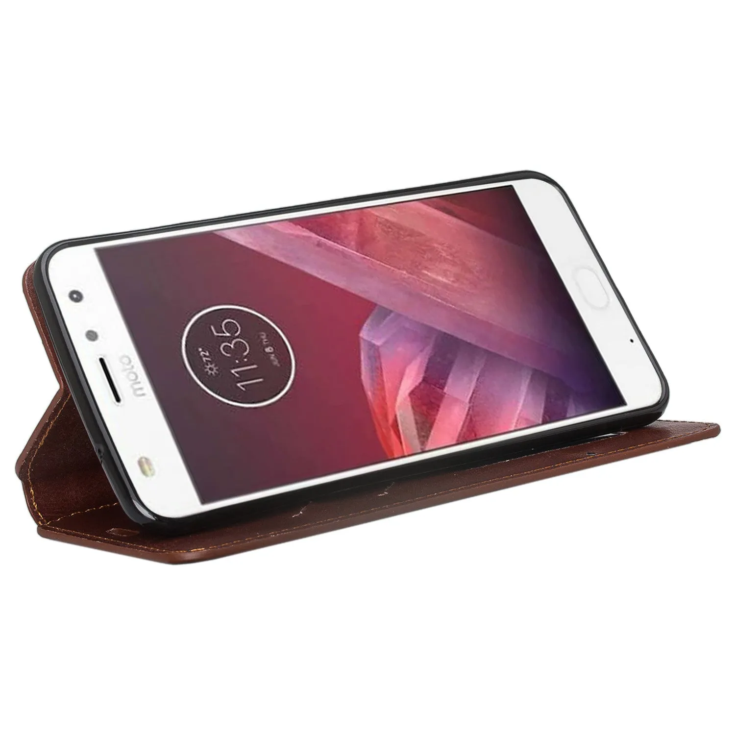 Motorola Moto Z2 Force Case, Moto Z2 Force Wallet Case, Slim Flip Folio [Kickstand] Pu Leather Wallet Case with ID & Card Slots & Pocket - Brown