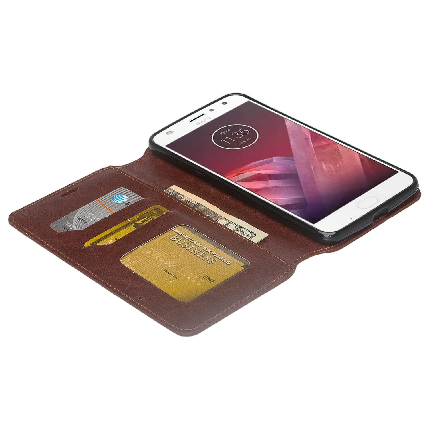 Motorola Moto Z2 Force Case, Moto Z2 Force Wallet Case, Slim Flip Folio [Kickstand] Pu Leather Wallet Case with ID & Card Slots & Pocket - Brown