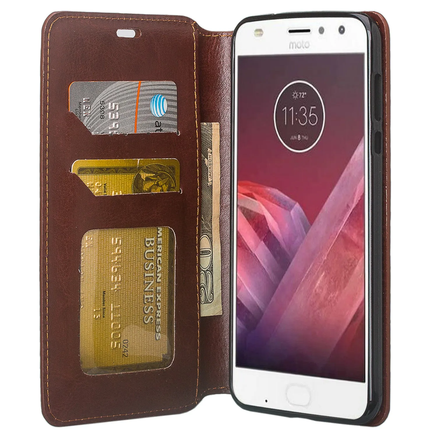 Motorola Moto Z2 Force Case, Moto Z2 Force Wallet Case, Slim Flip Folio [Kickstand] Pu Leather Wallet Case with ID & Card Slots & Pocket - Brown