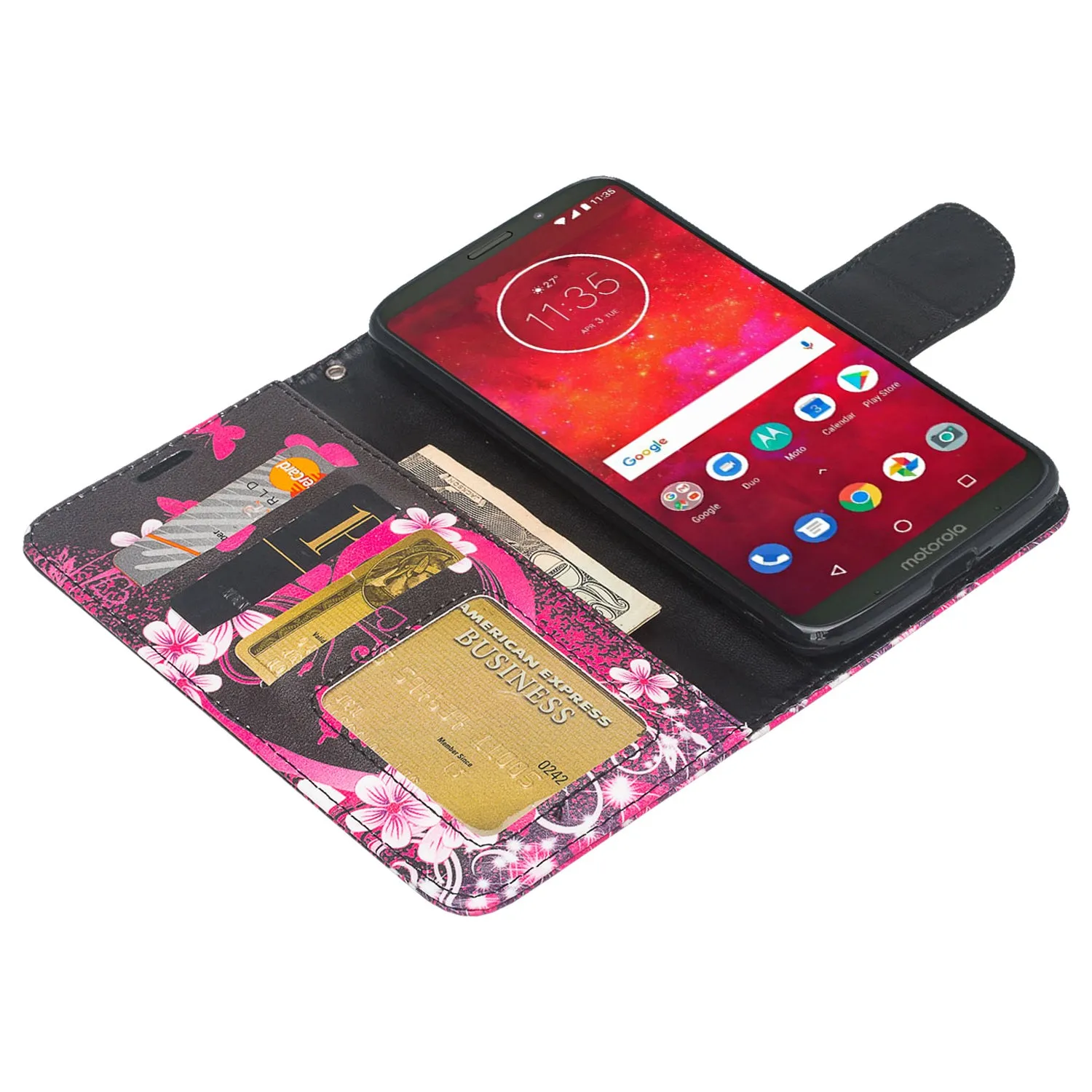 Motorola Moto Z3 Play Case, Moto Z3 Play Wallet Case, Wrist Strap Pu Leather Wallet Case [Kickstand] with ID & Credit Card Slots - Heart Butterfies