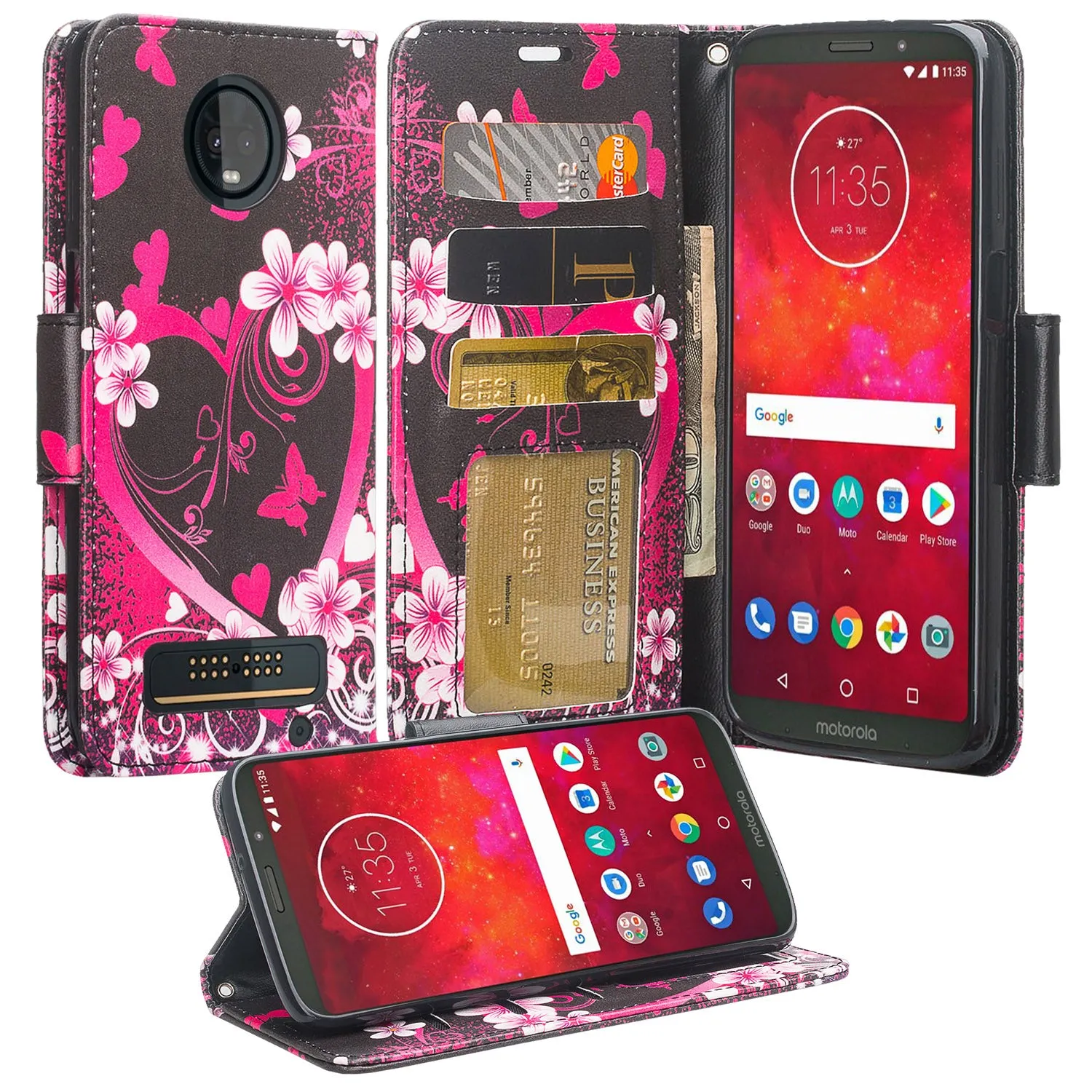 Motorola Moto Z3 Play Case, Moto Z3 Play Wallet Case, Wrist Strap Pu Leather Wallet Case [Kickstand] with ID & Credit Card Slots - Heart Butterfies