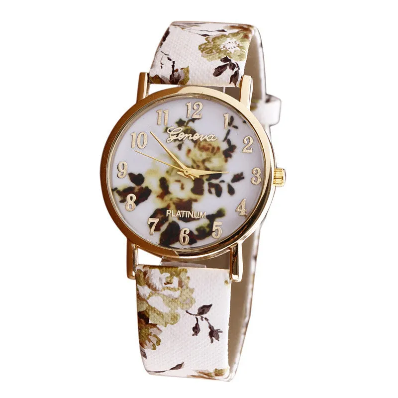 New Flower Patterns Leather Lady Dress Analog Quartz Vogue Wrist Watches