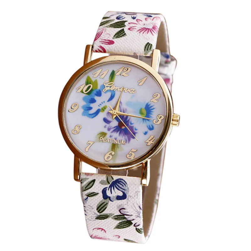 New Flower Patterns Leather Lady Dress Analog Quartz Vogue Wrist Watches