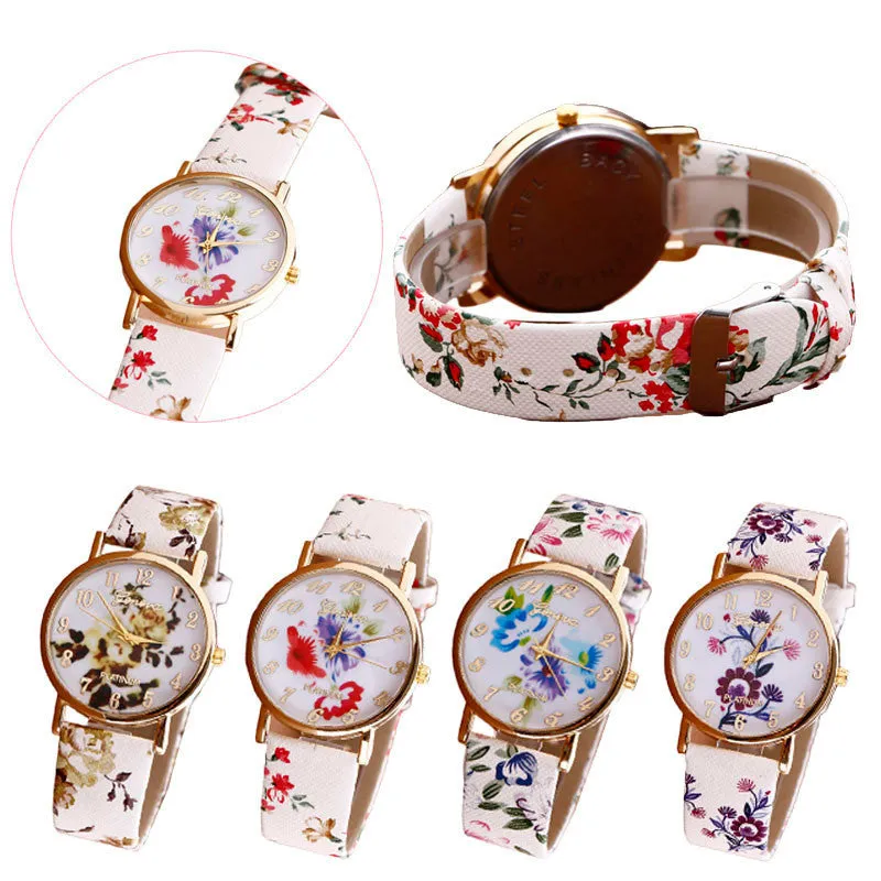 New Flower Patterns Leather Lady Dress Analog Quartz Vogue Wrist Watches