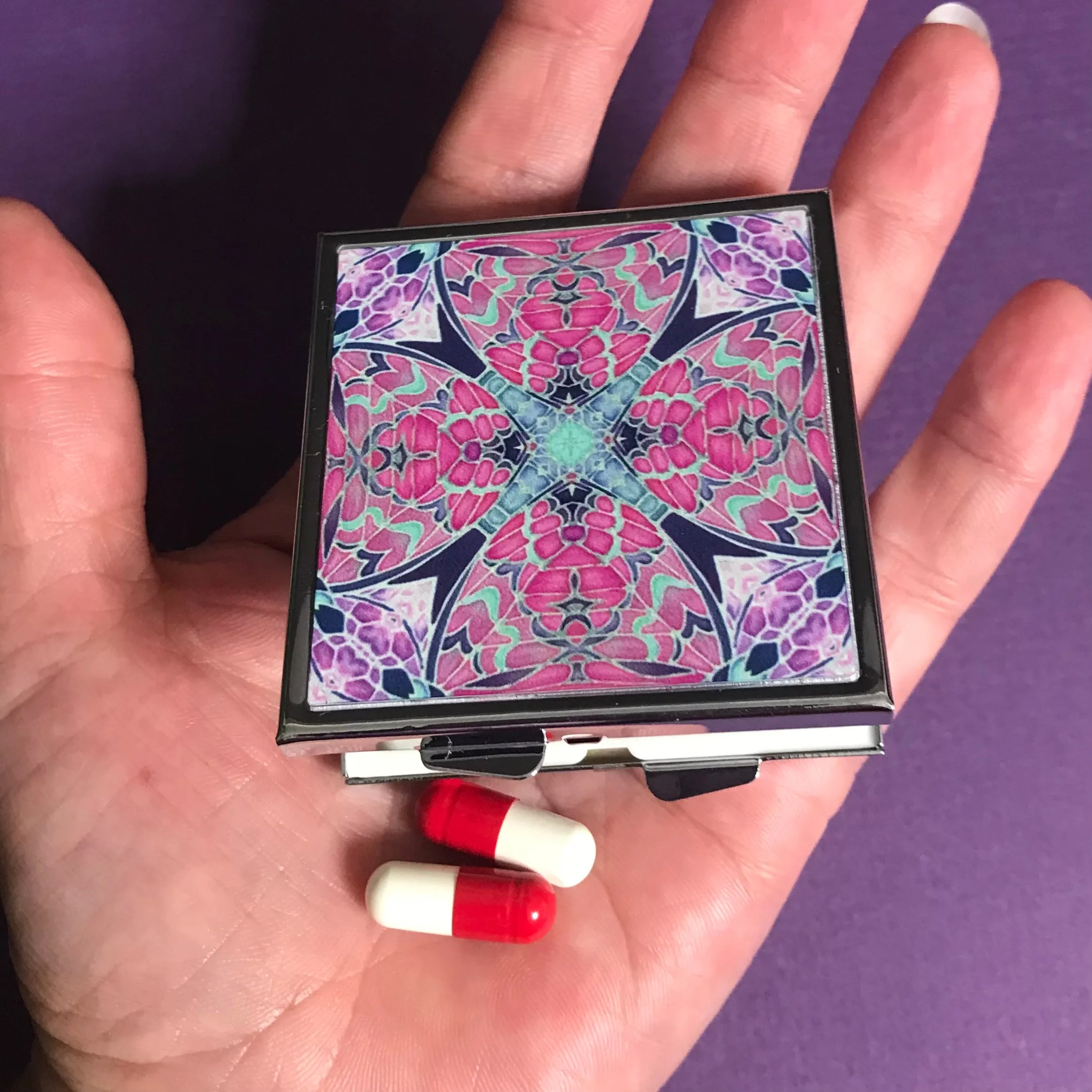 Pink Art Nouveau Style Large Pill Box - Butterfly Stud Earing Jewellery Box