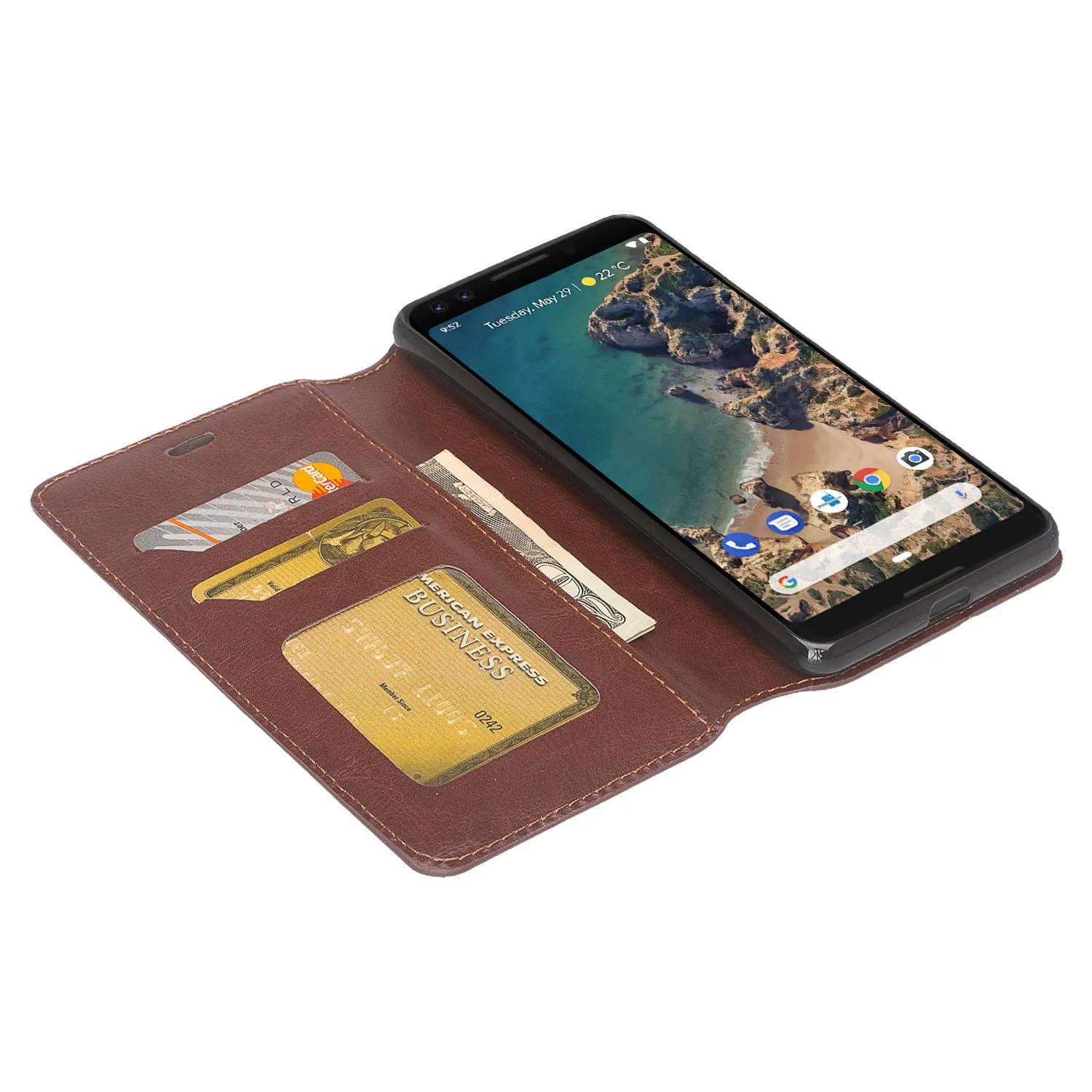 Pixel 3 Case, Google Pixel 3, Slim Flip Folio [Kickstand] Pu Leather Wallet Case with ID & Card Slots & Pocket - Brown