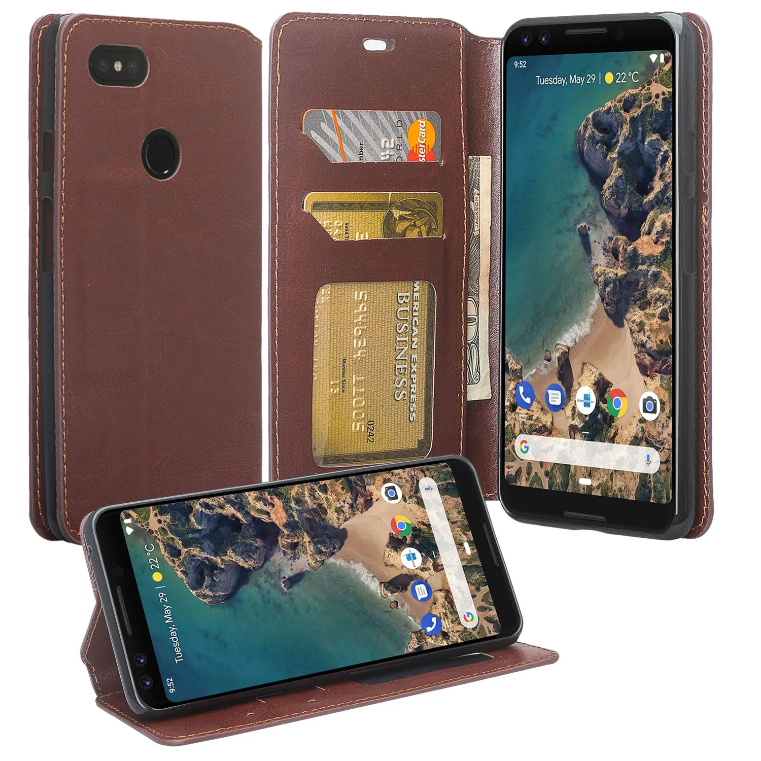 Pixel 3 Case, Google Pixel 3, Slim Flip Folio [Kickstand] Pu Leather Wallet Case with ID & Card Slots & Pocket - Brown