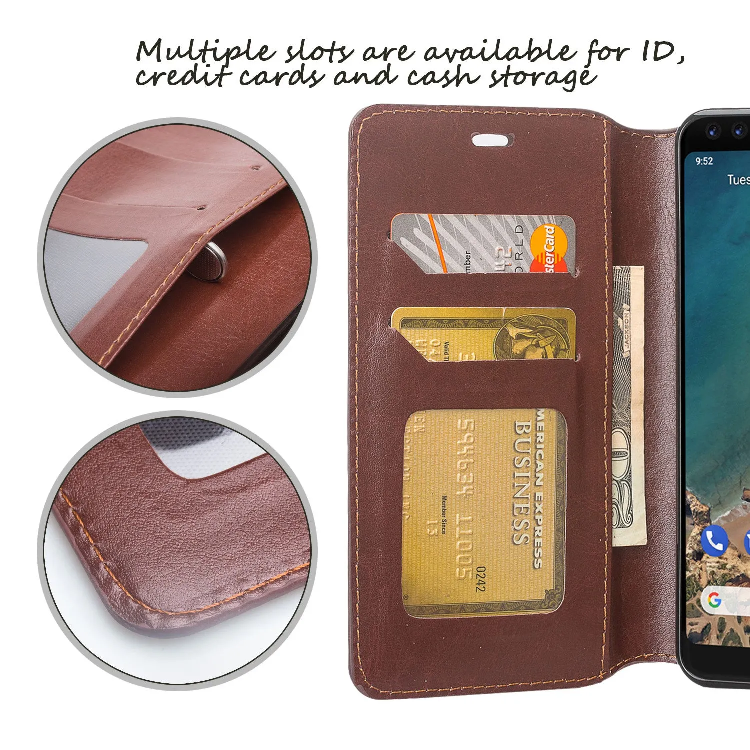 Pixel 3 Case, Google Pixel 3, Slim Flip Folio [Kickstand] Pu Leather Wallet Case with ID & Card Slots & Pocket - Brown