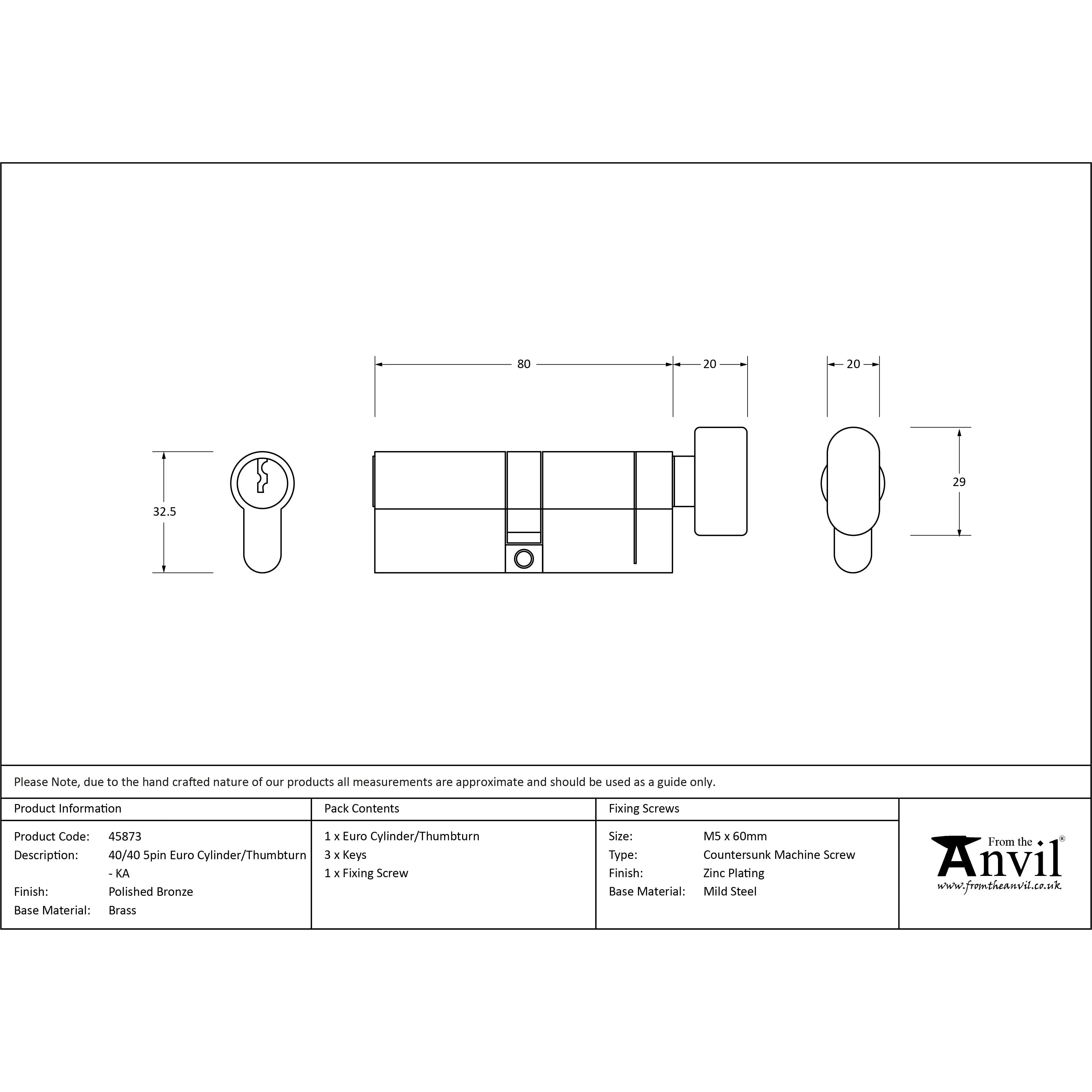 Polished Bronze 40/40 5pin Euro Cylinder/Thumbturn KA | From The Anvil