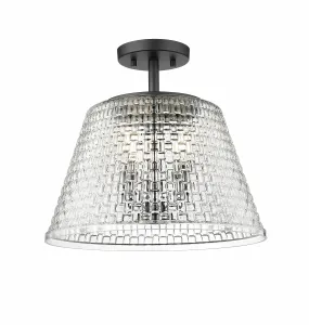 Saben Semi-Flush Mount Fixture - Matte Black - Clear Woven Lattice Glass - 15in. Diameter - E12 Candelabra Base