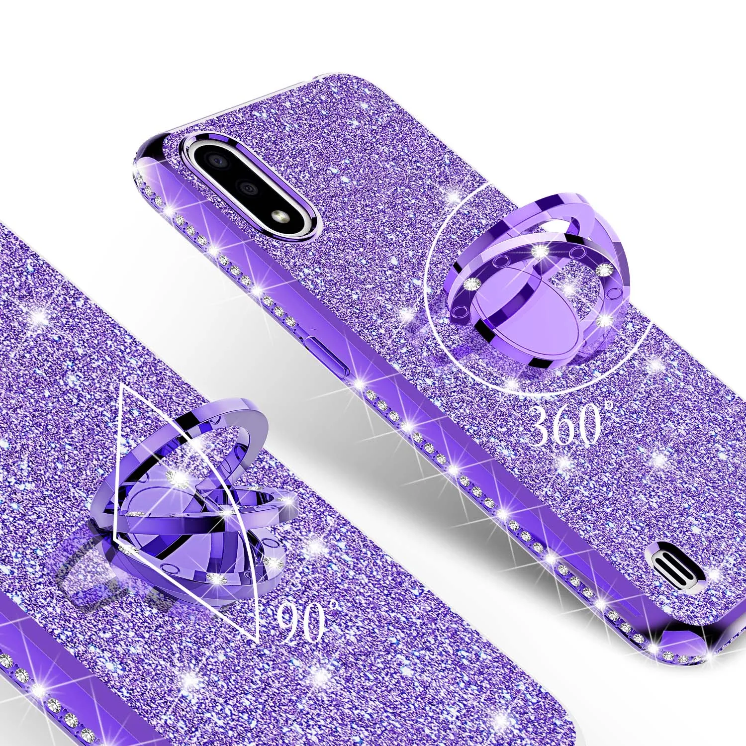 Samsung Galaxy A01 Case, Glitter Cute Phone Case Girls with Kickstand,Bling Diamond Rhinestone Bumper Ring Stand Sparkly Luxury Clear Thin Soft Protective Samsung Galaxy A01 Case for Girl Women - Purple