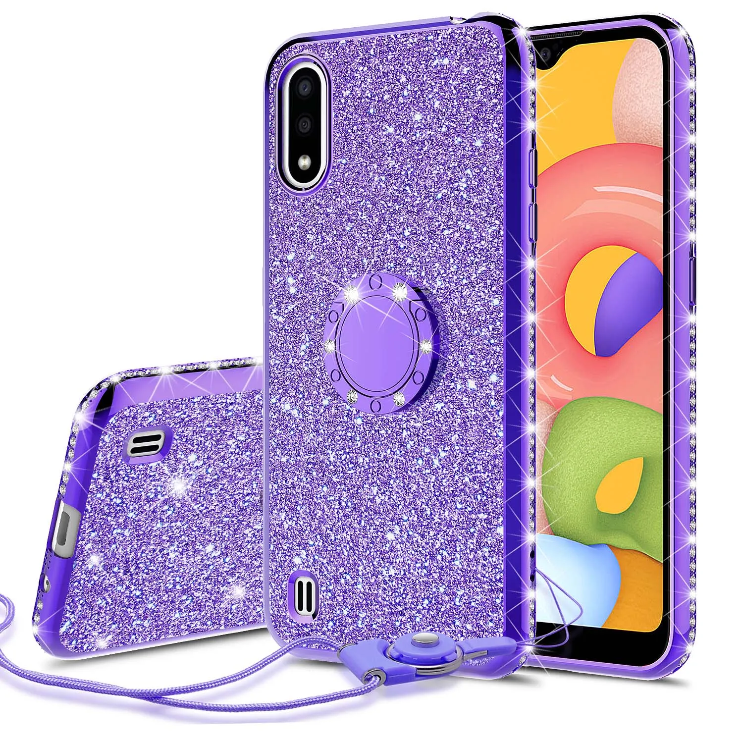 Samsung Galaxy A01 Case, Glitter Cute Phone Case Girls with Kickstand,Bling Diamond Rhinestone Bumper Ring Stand Sparkly Luxury Clear Thin Soft Protective Samsung Galaxy A01 Case for Girl Women - Purple