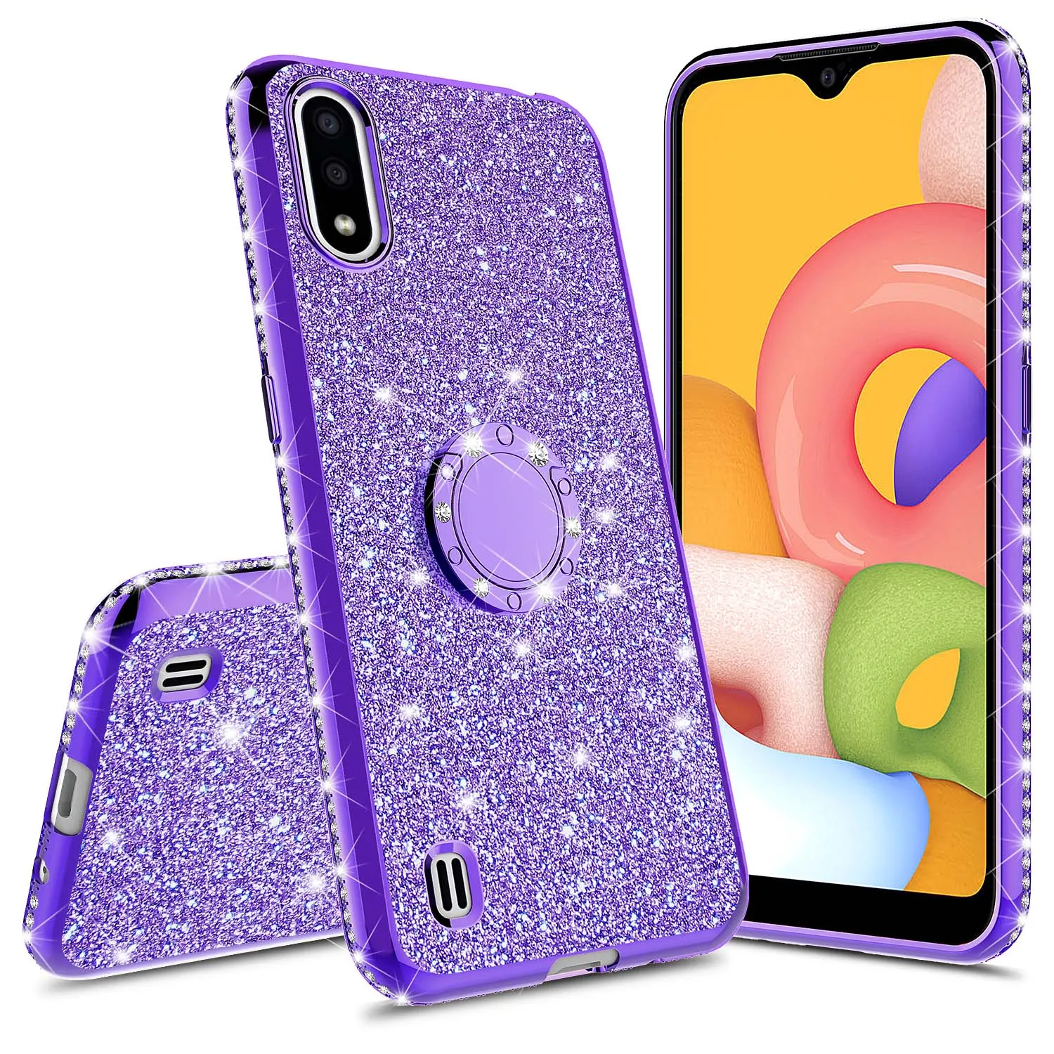 Samsung Galaxy A01 Case, Glitter Cute Phone Case Girls with Kickstand,Bling Diamond Rhinestone Bumper Ring Stand Sparkly Luxury Clear Thin Soft Protective Samsung Galaxy A01 Case for Girl Women - Purple