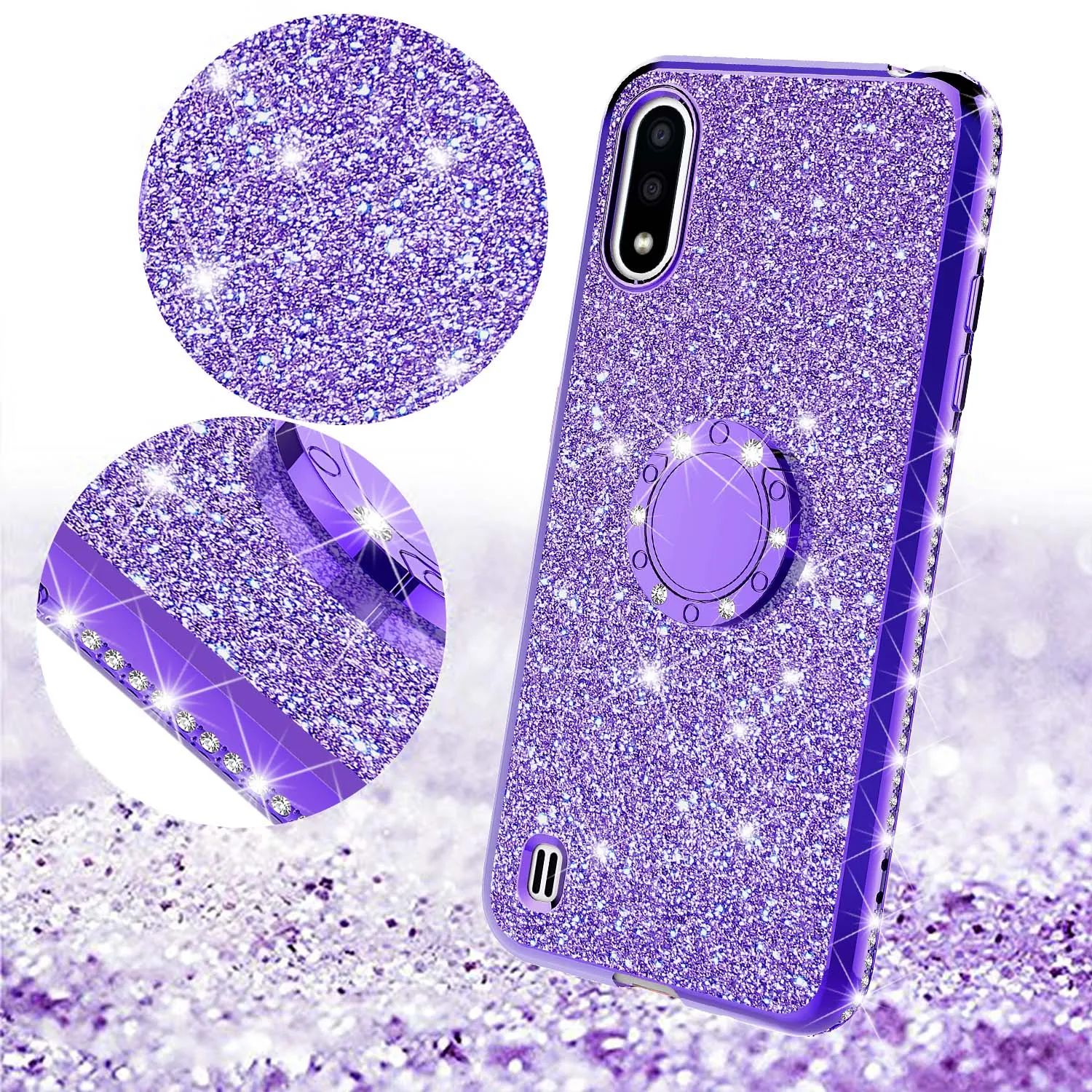 Samsung Galaxy A01 Case, Glitter Cute Phone Case Girls with Kickstand,Bling Diamond Rhinestone Bumper Ring Stand Sparkly Luxury Clear Thin Soft Protective Samsung Galaxy A01 Case for Girl Women - Purple