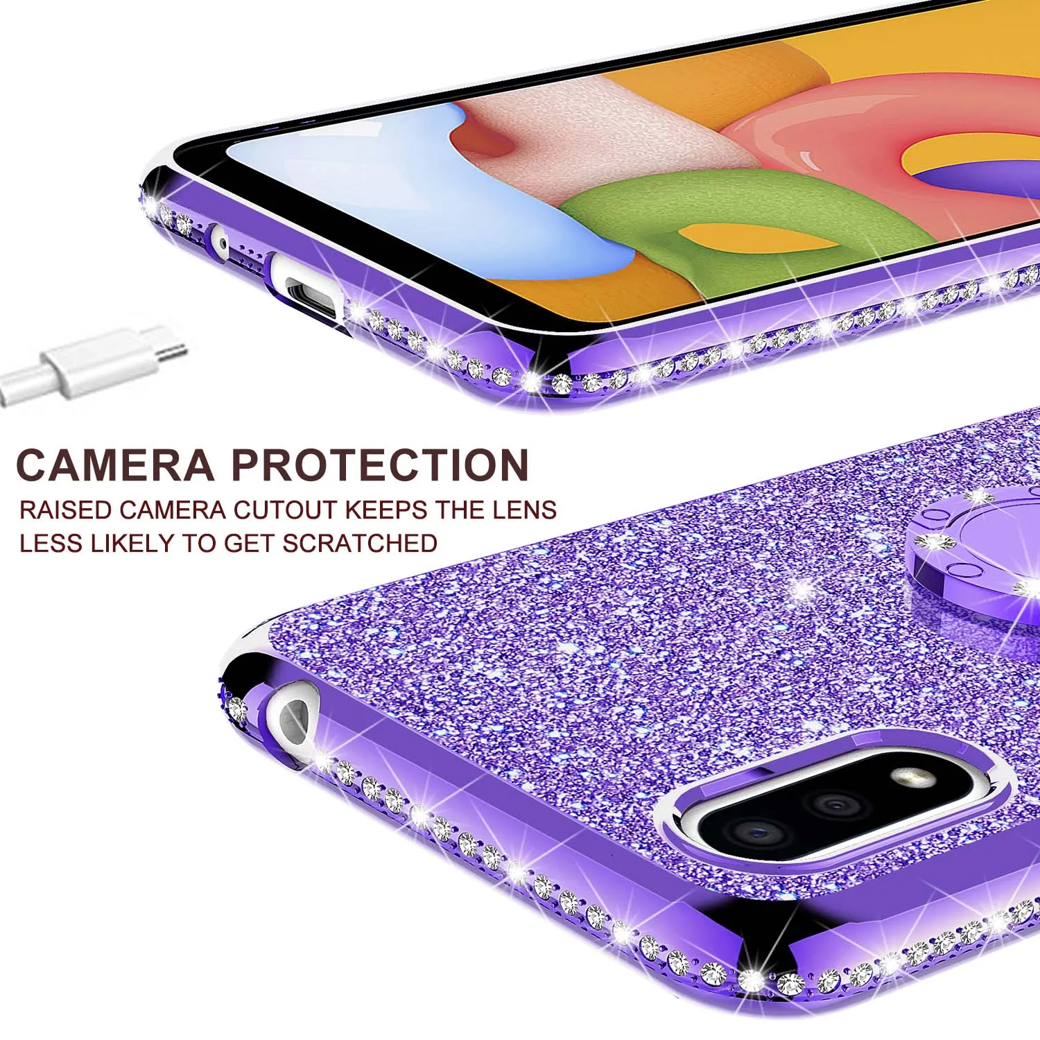 Samsung Galaxy A01 Case, Glitter Cute Phone Case Girls with Kickstand,Bling Diamond Rhinestone Bumper Ring Stand Sparkly Luxury Clear Thin Soft Protective Samsung Galaxy A01 Case for Girl Women - Purple