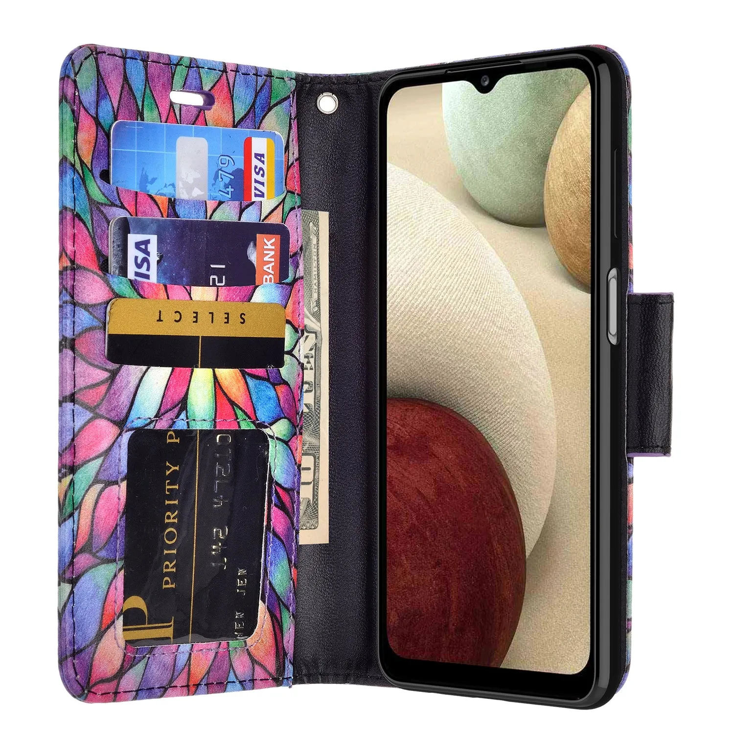 Samsung Galaxy A12 Case, Galaxy A12 Wallet Case, Wrist Strap Pu Leather Wallet Case [Kickstand] with ID & Credit Card Slots - Rainbow Flower