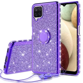 Samsung Galaxy A12 Case, Glitter Cute Phone Case Girls with Kickstand,Bling Diamond Rhinestone Bumper Ring Stand Sparkly Luxury Clear Thin Soft Protective Samsung Galaxy A12 Case for Girl Women - Purple