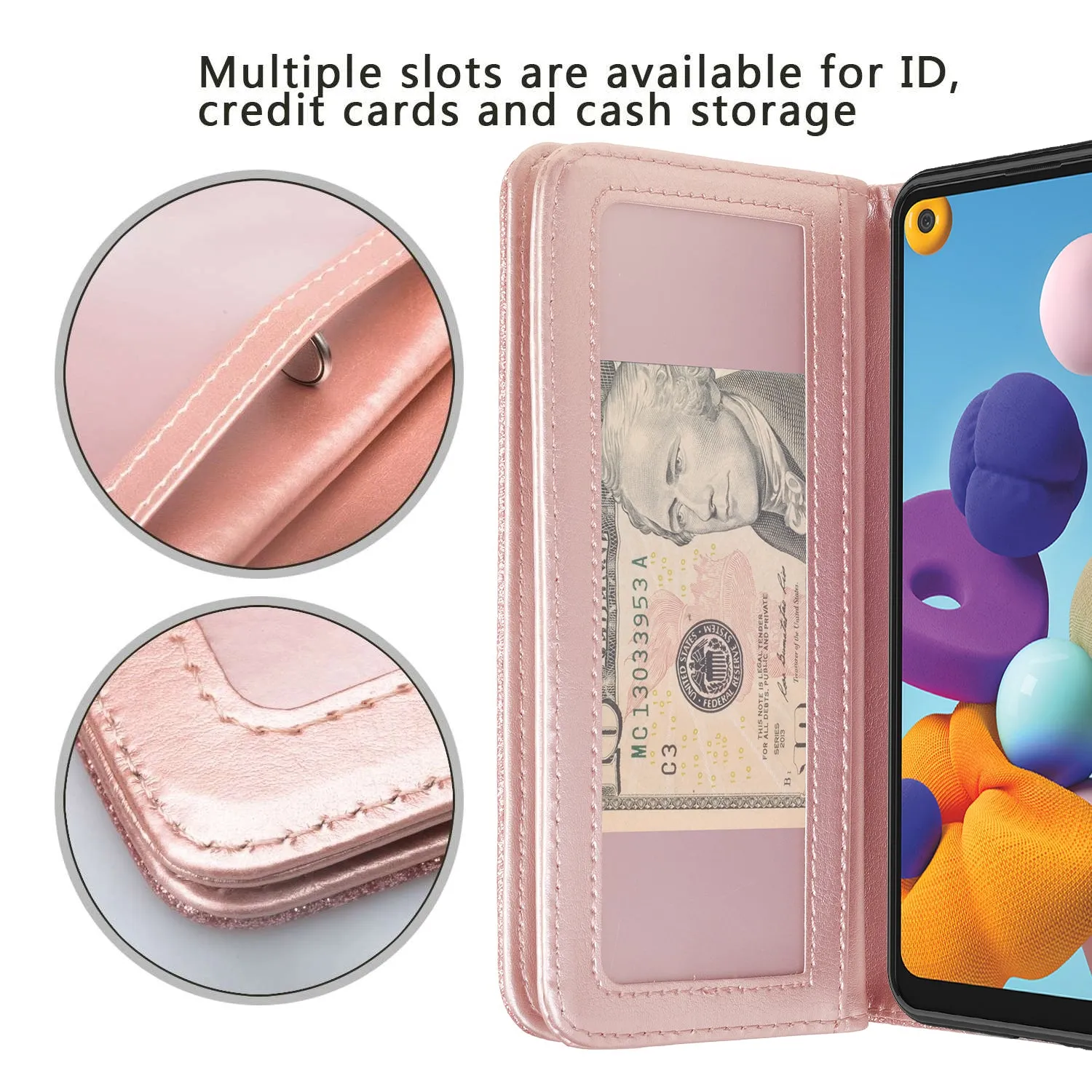 Samsung Galaxy A21 Case, Galaxy A21 Case, Glitter Faux Leather Flip Credit Card Holder Wrist Strap Shockproof Protective Wallet Case Clutch for Galaxy A21 - Rose Gold