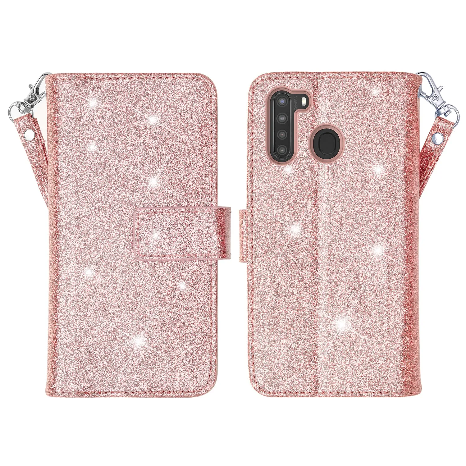 Samsung Galaxy A21 Case, Galaxy A21 Case, Glitter Faux Leather Flip Credit Card Holder Wrist Strap Shockproof Protective Wallet Case Clutch for Galaxy A21 - Rose Gold