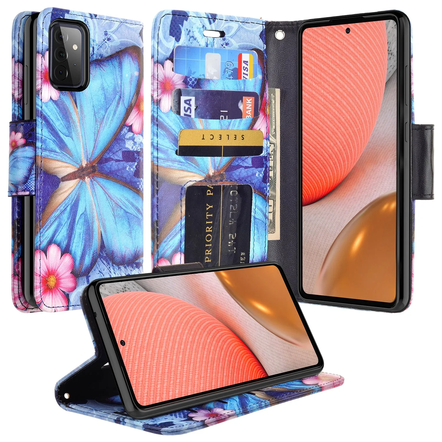 Samsung Galaxy A52 5G Case, Galaxy A52 5G Wallet Case, Wrist Strap Pu Leather Wallet Case [Kickstand] with ID & Credit Card Slots - Blue Butterfly