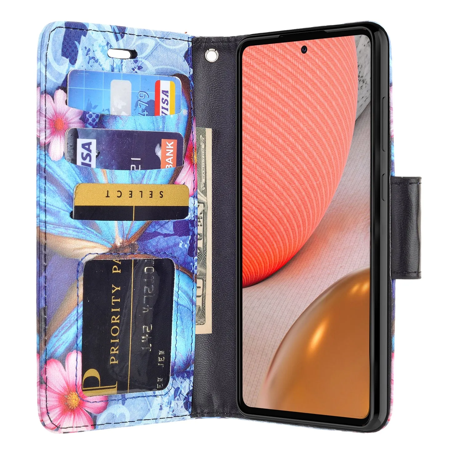 Samsung Galaxy A52 5G Case, Galaxy A52 5G Wallet Case, Wrist Strap Pu Leather Wallet Case [Kickstand] with ID & Credit Card Slots - Blue Butterfly