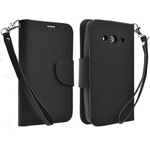 Samsung Galaxy Core Prime Wallet Case, Wrist Strap Flip [Kickstand] Pu Leather Wallet Case with ID & Credit Card Slots - Black