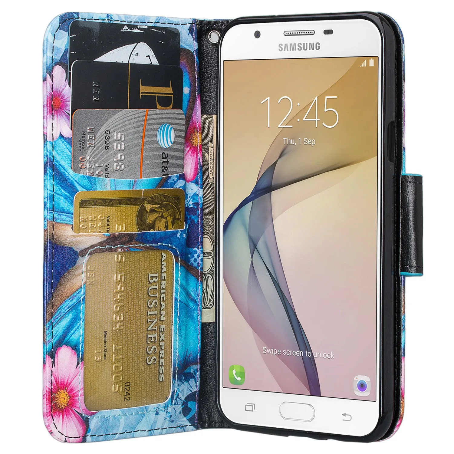 Samsung Galaxy J7 (2017) / J7 Sky Pro / J7 Perx / J7 V / J7 Prime / Galaxy Halo Case, Wrist Strap Pu Leather Magnetic Flip[Kickstand] Wallet Cover w/ Card Slots - Blue Butterfly