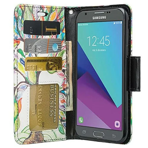 Samsung Galaxy J7 (2017) / J7 Sky Pro / J7 Perx / J7 V / J7 Prime / Galaxy Halo Case, Wrist Strap Pu Leather Magnetic Flip[Kickstand] Wallet Cover w/ Card Slots - Vibrant Tree