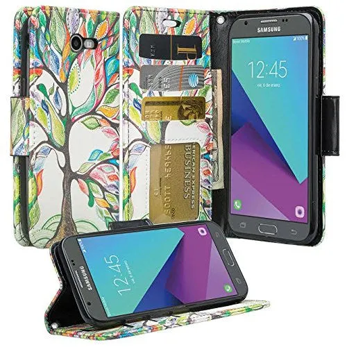 Samsung Galaxy J7 (2017) / J7 Sky Pro / J7 Perx / J7 V / J7 Prime / Galaxy Halo Case, Wrist Strap Pu Leather Magnetic Flip[Kickstand] Wallet Cover w/ Card Slots - Vibrant Tree