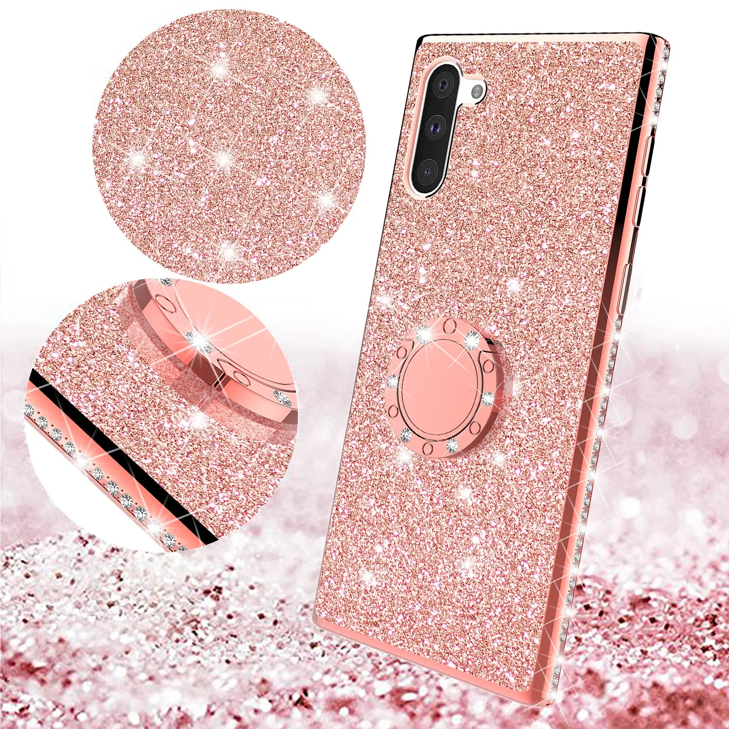 Samsung Galaxy Note 10 Case, Glitter Cute Phone Case Girls with Kickstand,Bling Diamond Rhinestone Bumper Ring Stand Sparkly Luxury Clear Thin Soft Protective Samsung Galaxy Note 10 Case for Girl Women - Rose Gold