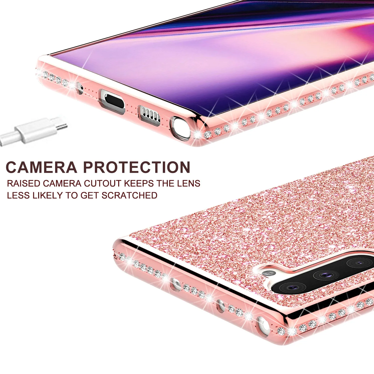 Samsung Galaxy Note 10 Case, Glitter Cute Phone Case Girls with Kickstand,Bling Diamond Rhinestone Bumper Ring Stand Sparkly Luxury Clear Thin Soft Protective Samsung Galaxy Note 10 Case for Girl Women - Rose Gold