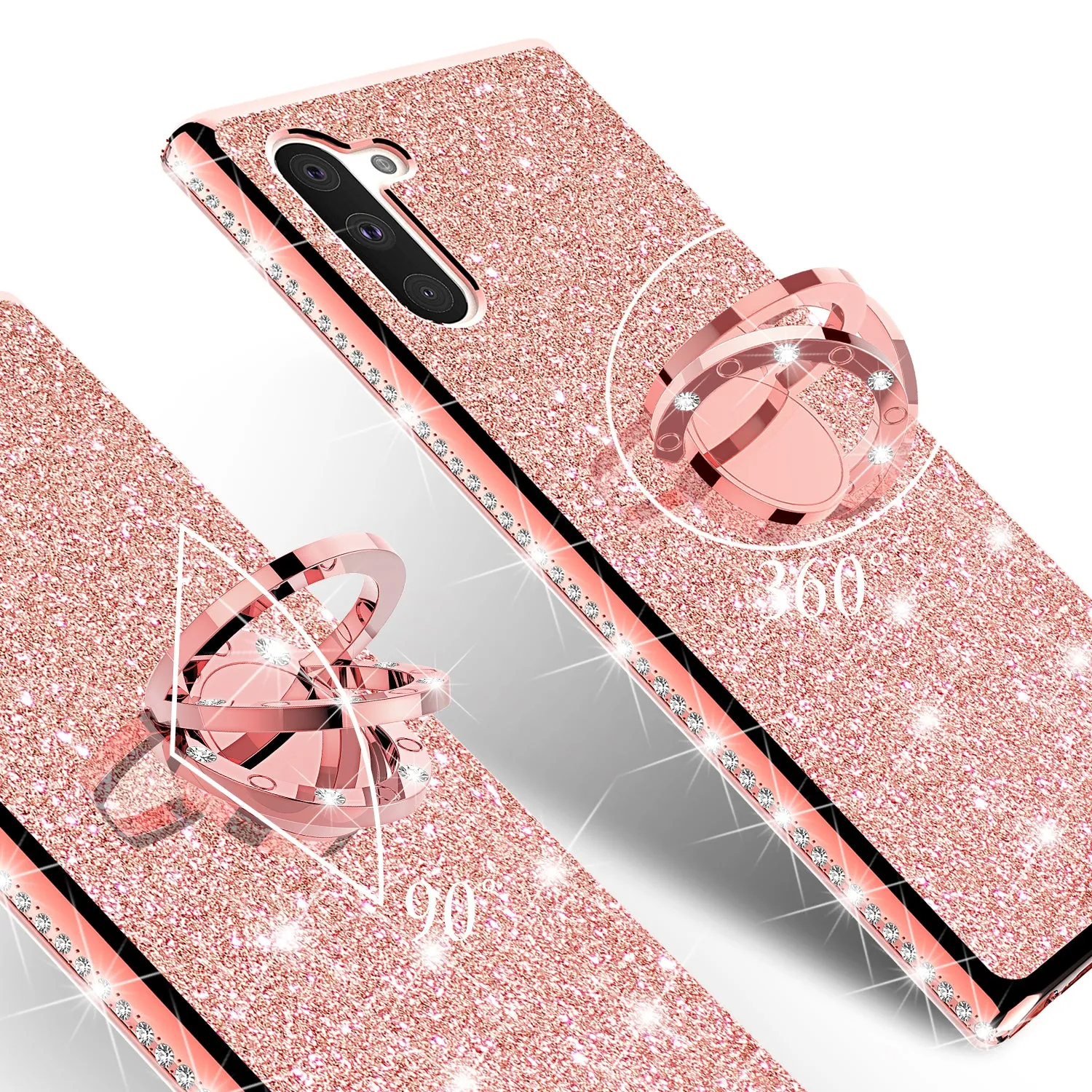 Samsung Galaxy Note 10 Case, Glitter Cute Phone Case Girls with Kickstand,Bling Diamond Rhinestone Bumper Ring Stand Sparkly Luxury Clear Thin Soft Protective Samsung Galaxy Note 10 Case for Girl Women - Rose Gold