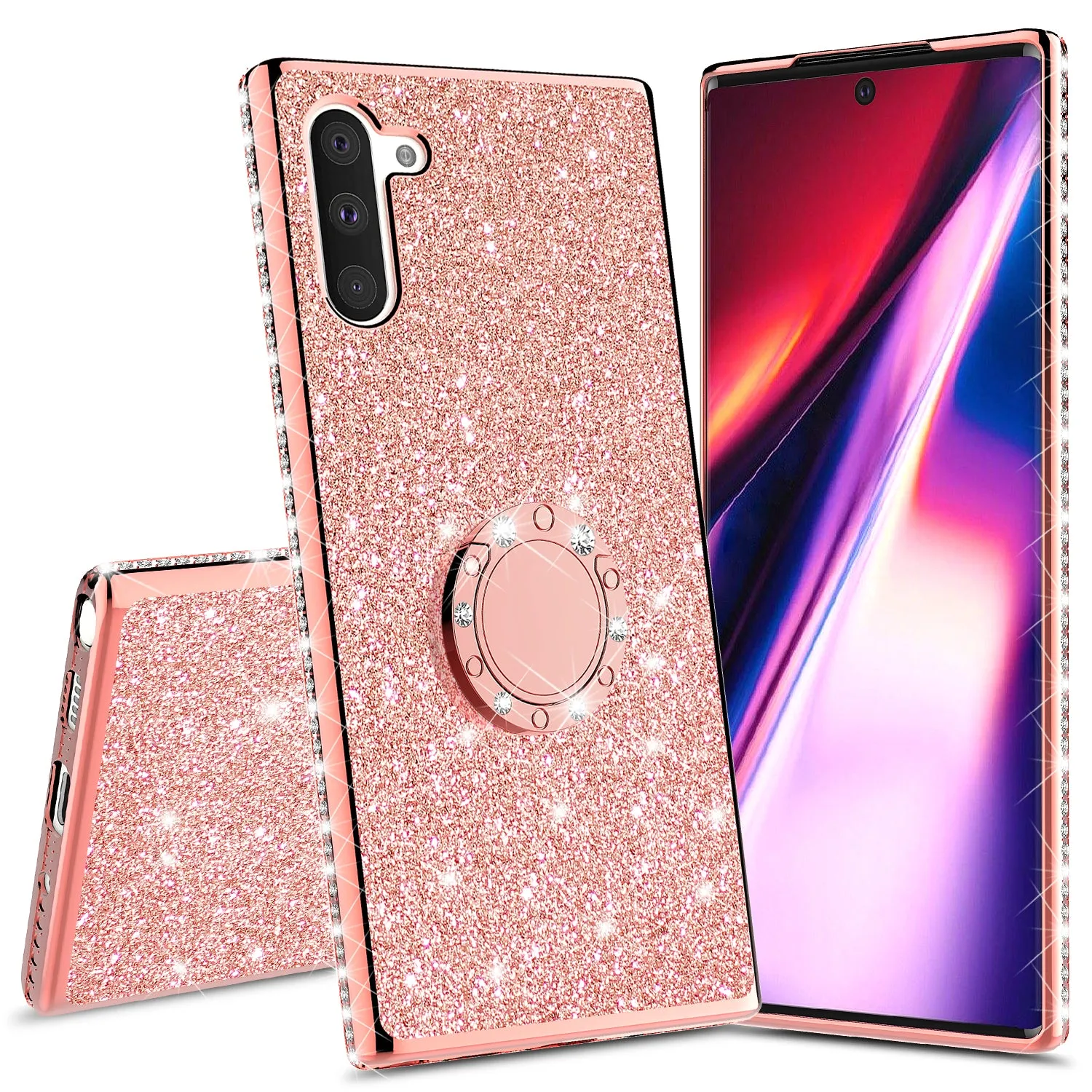 Samsung Galaxy Note 10 Case, Glitter Cute Phone Case Girls with Kickstand,Bling Diamond Rhinestone Bumper Ring Stand Sparkly Luxury Clear Thin Soft Protective Samsung Galaxy Note 10 Case for Girl Women - Rose Gold