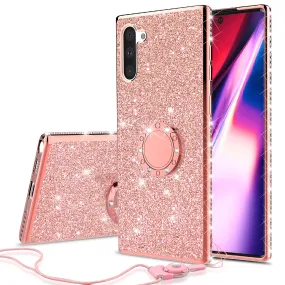 Samsung Galaxy Note 10 Case, Glitter Cute Phone Case Girls with Kickstand,Bling Diamond Rhinestone Bumper Ring Stand Sparkly Luxury Clear Thin Soft Protective Samsung Galaxy Note 10 Case for Girl Women - Rose Gold