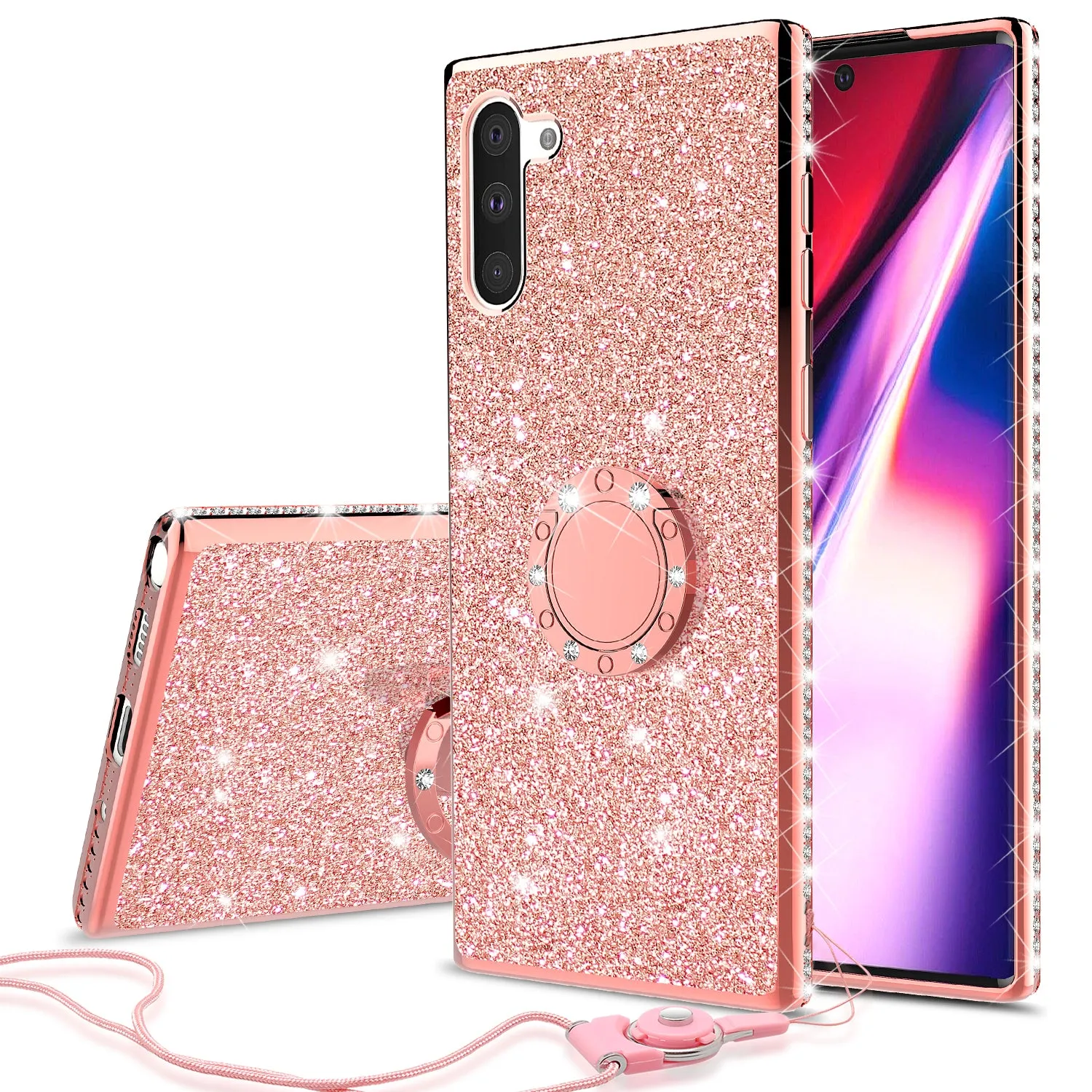 Samsung Galaxy Note 10 Case, Glitter Cute Phone Case Girls with Kickstand,Bling Diamond Rhinestone Bumper Ring Stand Sparkly Luxury Clear Thin Soft Protective Samsung Galaxy Note 10 Case for Girl Women - Rose Gold