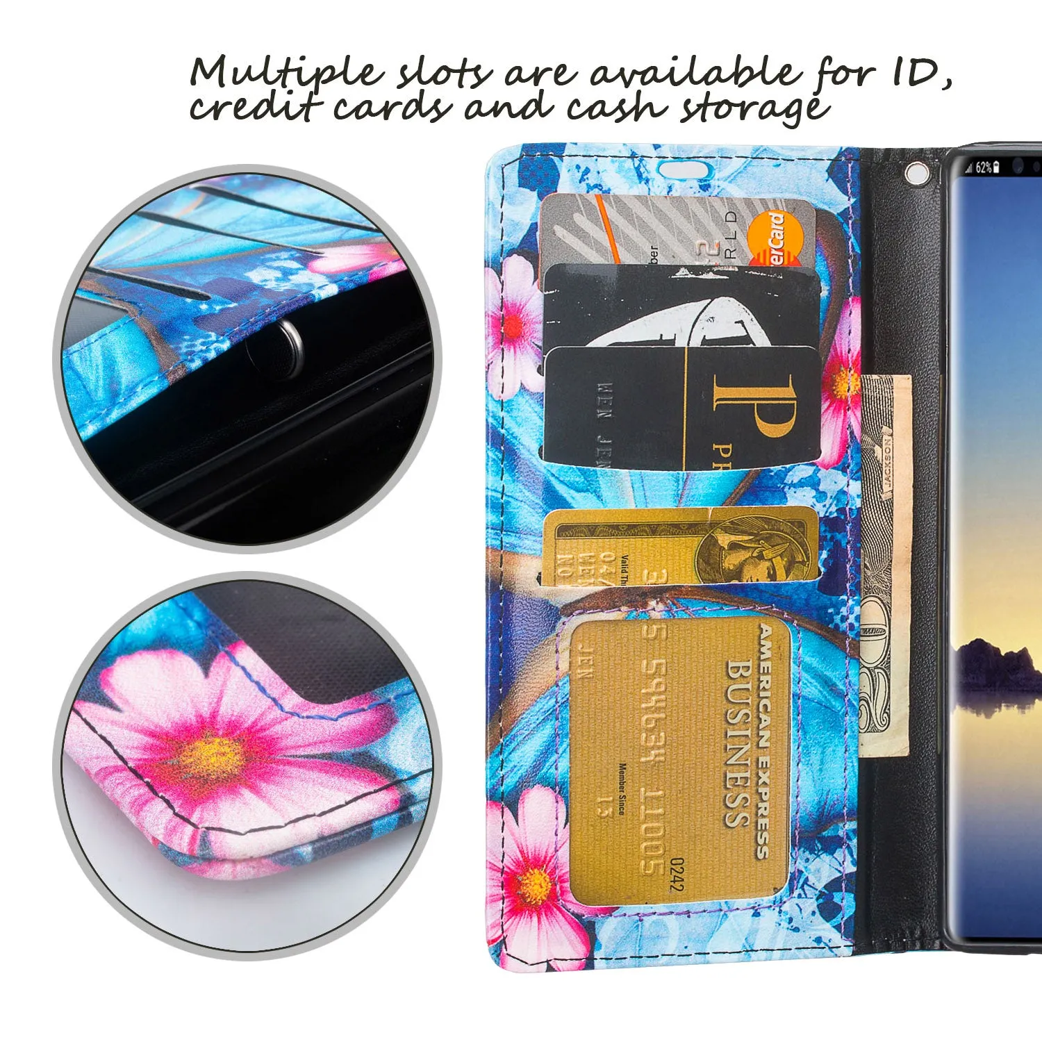 Samsung Galaxy Note 9 Case, SM-N960U Wallet Case, Wrist Strap Pu Leather Wallet Case [Kickstand] with ID & Credit Card Slots - Blue Butterfly