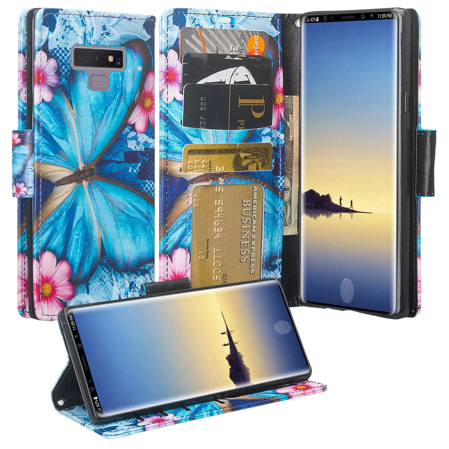 Samsung Galaxy Note 9 Case, SM-N960U Wallet Case, Wrist Strap Pu Leather Wallet Case [Kickstand] with ID & Credit Card Slots - Blue Butterfly