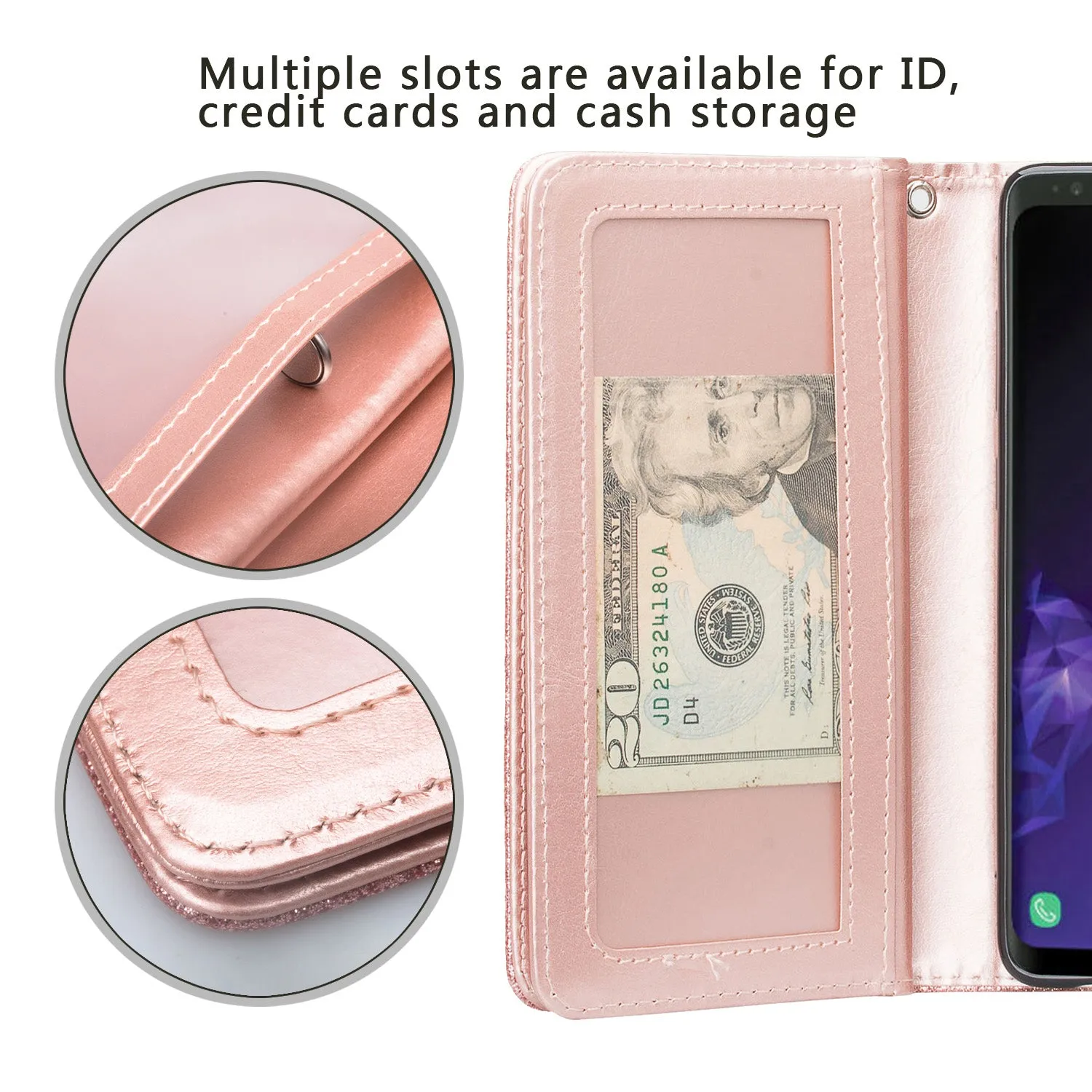 Samsung Galaxy S10 5G Case,SMG977U Case, Glitter Faux Leather Flip Credit Card Holder Wrist Strap Shockproof Protective Wallet Case Clutch for Samsung Galaxy S10 5G - Rose Gold