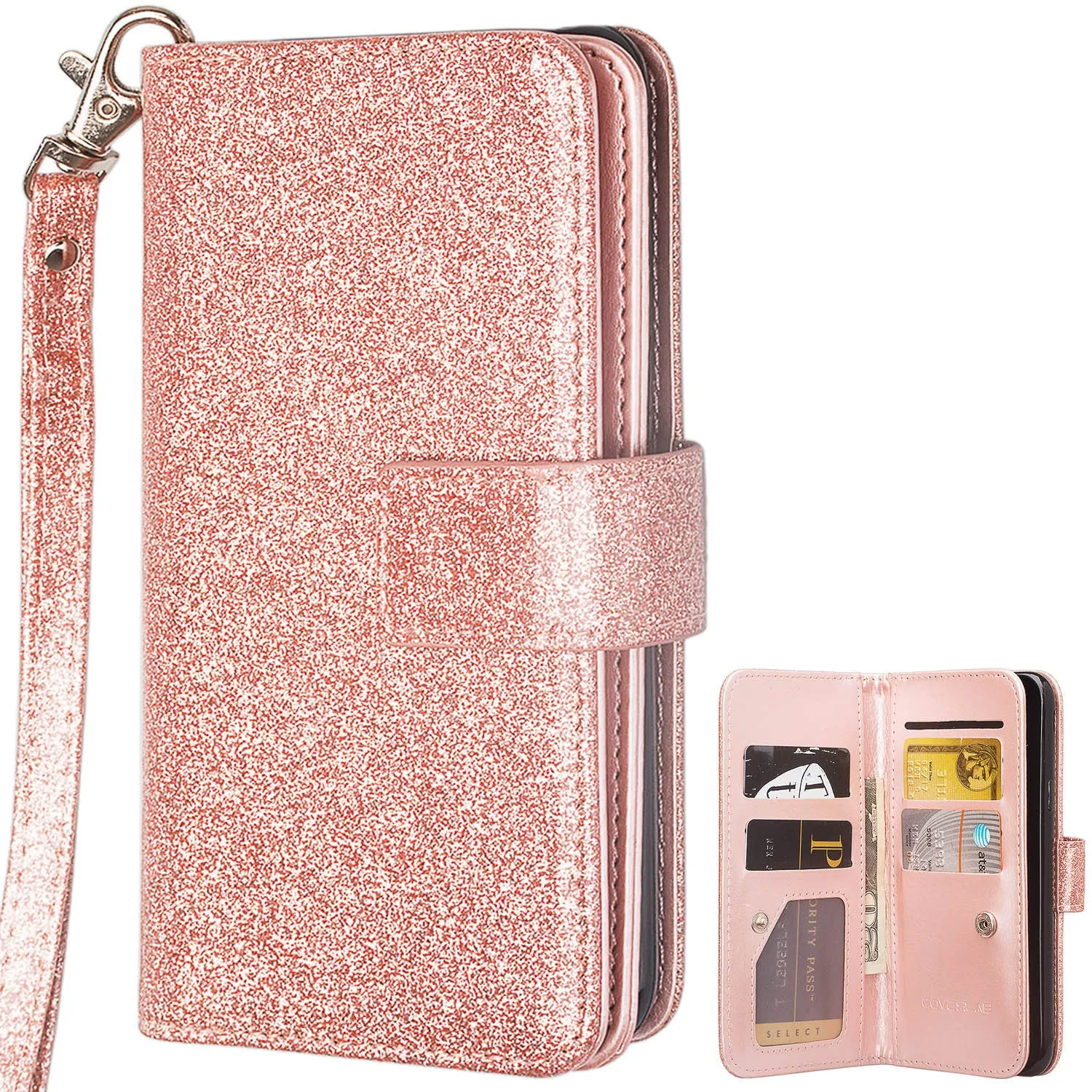 Samsung Galaxy S10 5G Case,SMG977U Case, Glitter Faux Leather Flip Credit Card Holder Wrist Strap Shockproof Protective Wallet Case Clutch for Samsung Galaxy S10 5G - Rose Gold