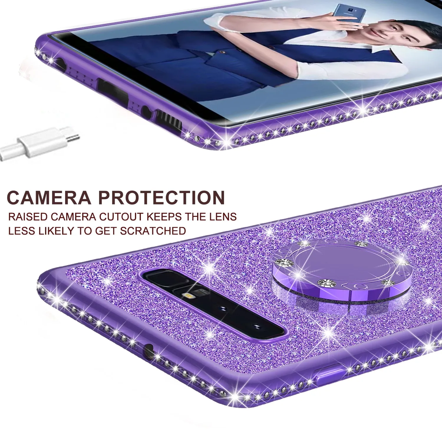 Samsung Galaxy S10 Plus Case, Galaxy S10  Case, Glitter Cute Phone Case Girls with Kickstand,Bling Diamond Rhinestone Bumper Ring Stand Sparkly Luxury Clear Thin Soft Protective Samsung S10 Plus Case for Girl Women - Purple