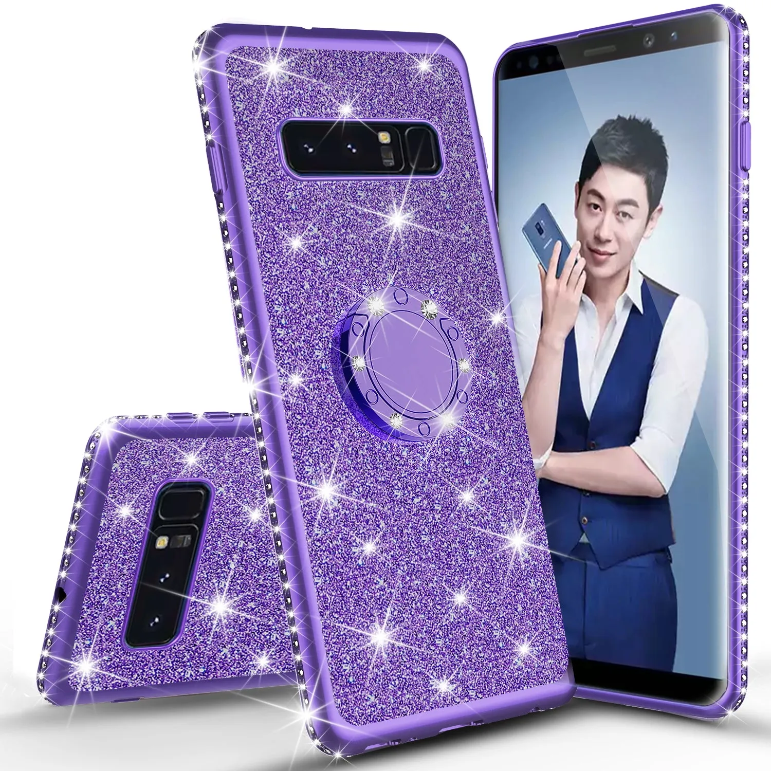 Samsung Galaxy S10 Plus Case, Galaxy S10  Case, Glitter Cute Phone Case Girls with Kickstand,Bling Diamond Rhinestone Bumper Ring Stand Sparkly Luxury Clear Thin Soft Protective Samsung S10 Plus Case for Girl Women - Purple