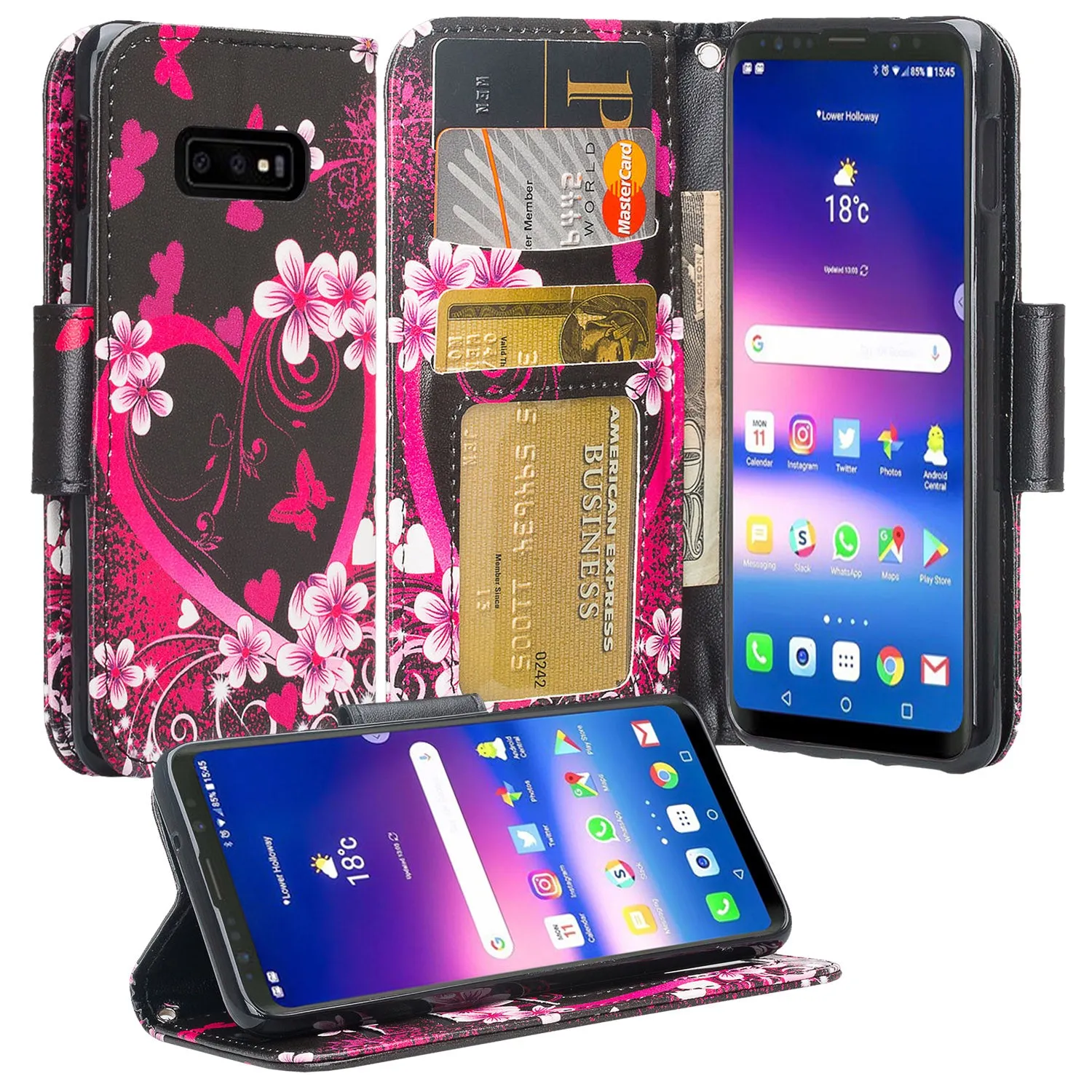 Samsung Galaxy S10e Case, Wrist Strap Pu Leather Wallet Case [Kickstand] with ID & Credit Card Slots - Heart Butterflies